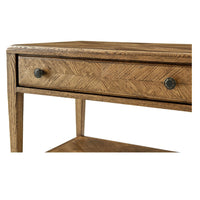 Rustic oak end table, close-up of drawer handles.