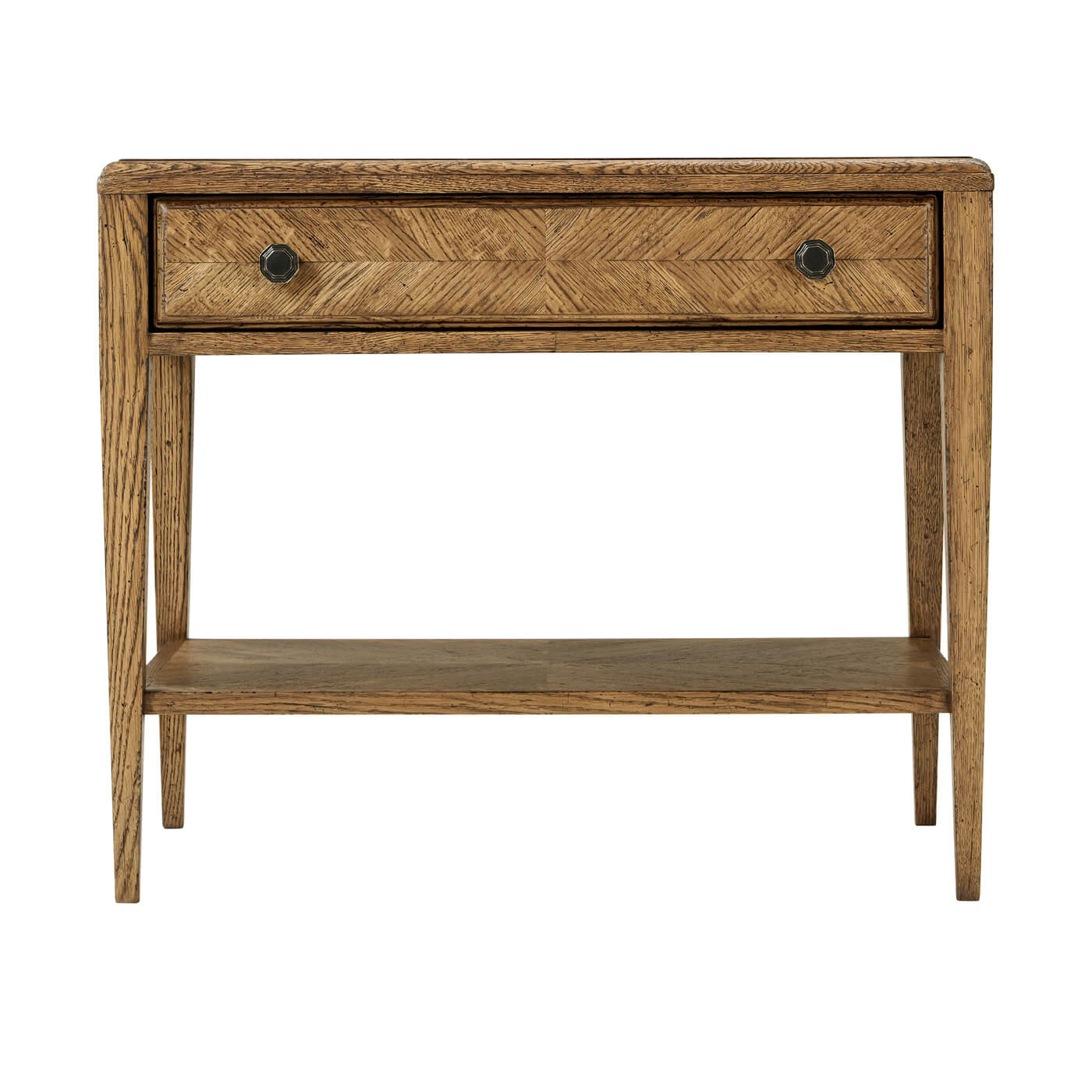 Rustic oak end table, straight-on front view.