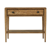 Rustic oak end table, straight-on front view.