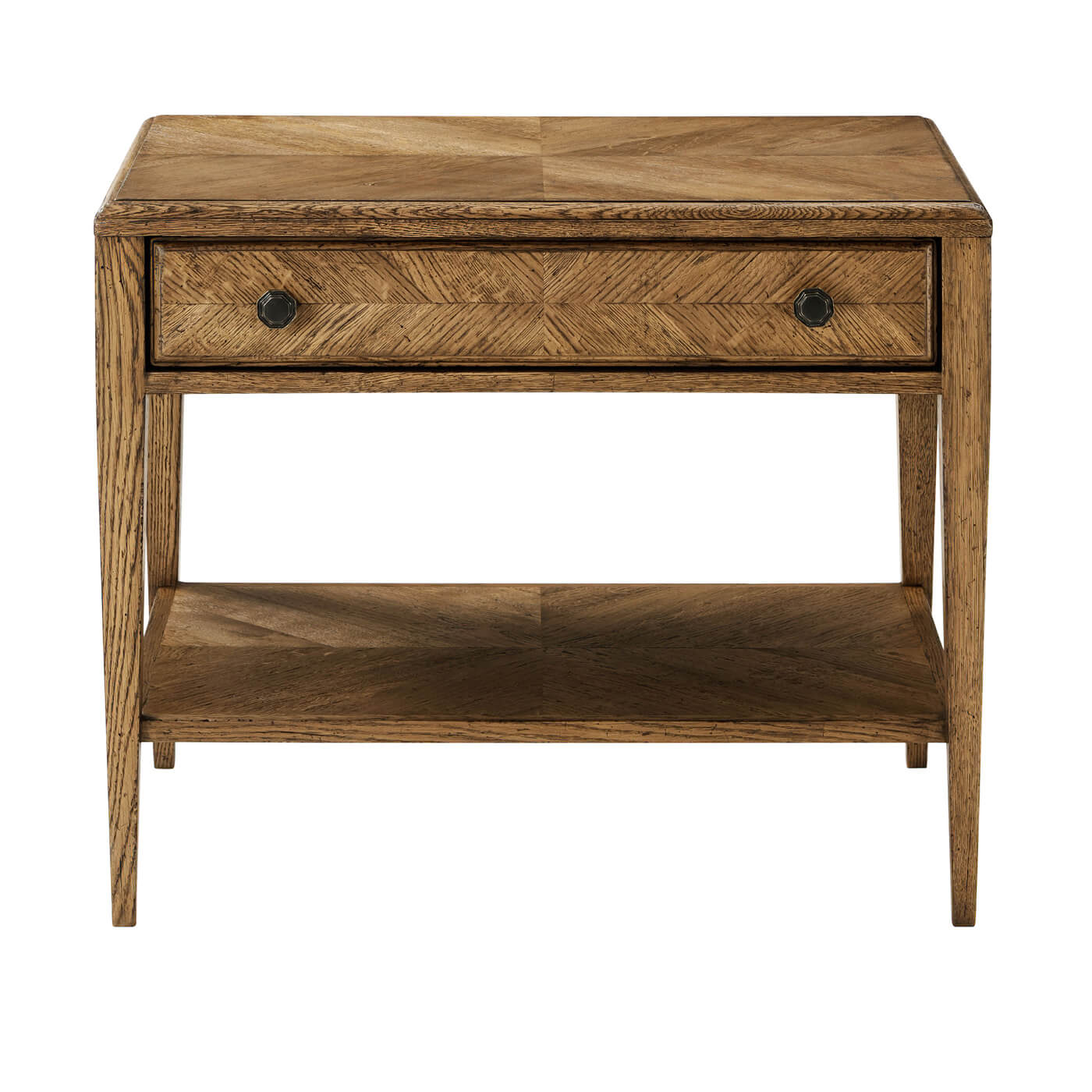 Rustic oak end table, front view with drawer detail.