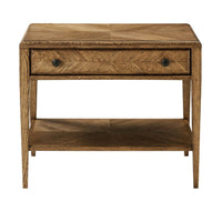 Rustic oak end table, front view with drawer detail.