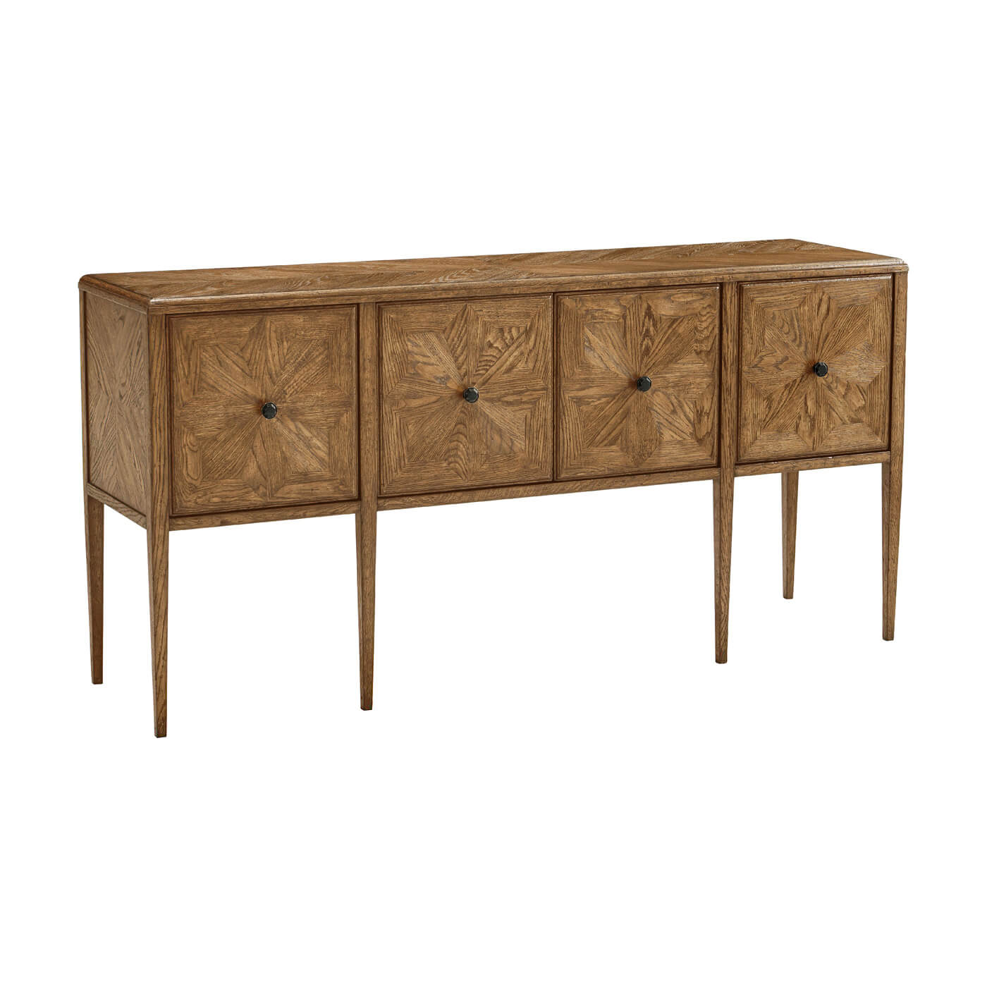 Rustic oak four door buffet angled side view.
