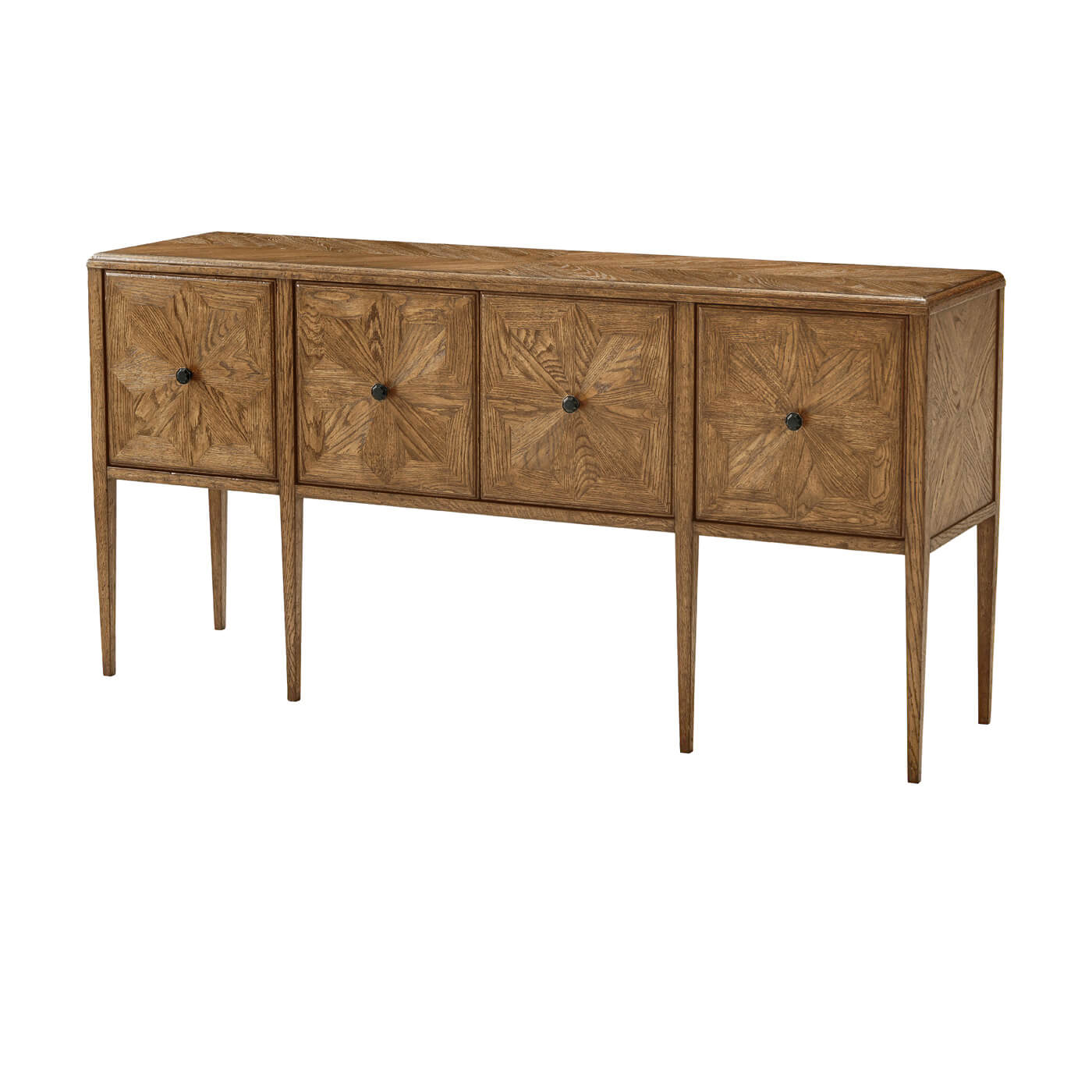 Rustic oak four door buffet front view, mid-century design.