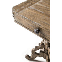 Rustic oak pedestal side table, drawer knob close-up, texture.