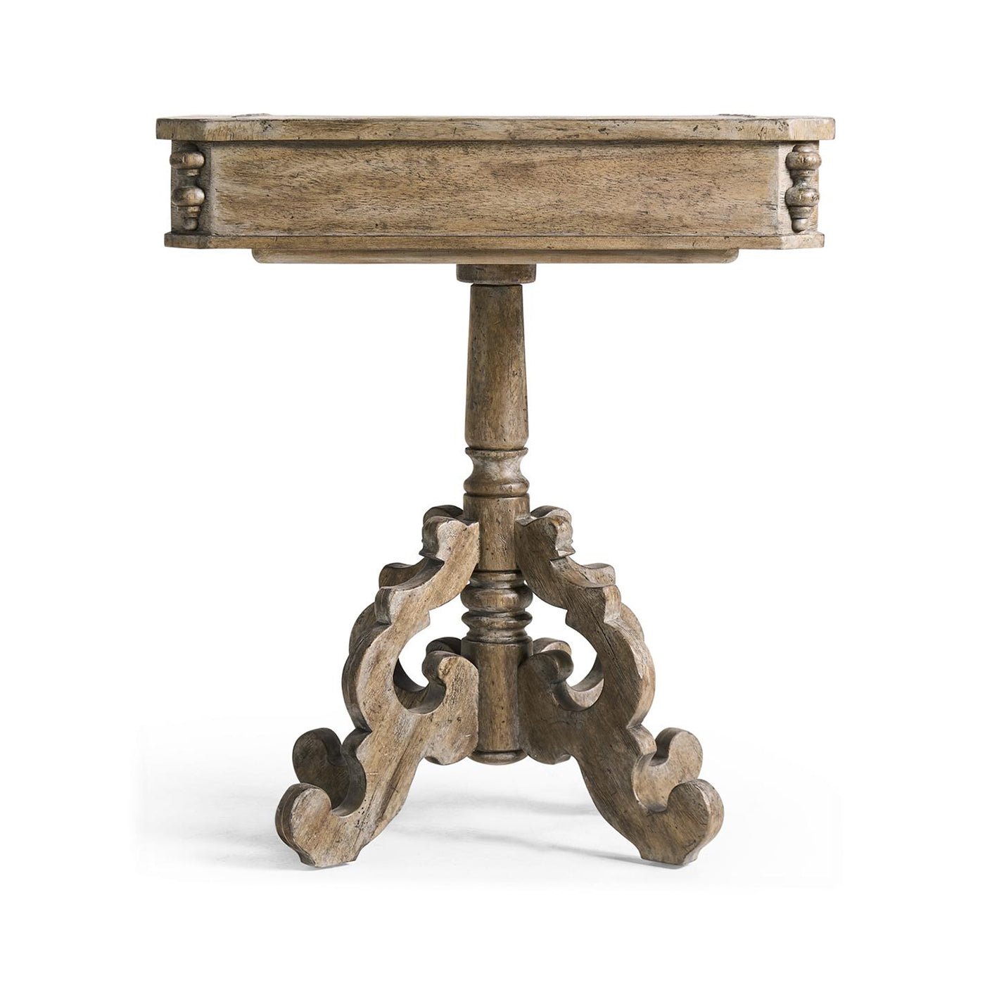 Rustic oak pedestal side table, side view, elegant design.