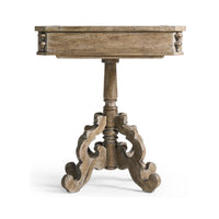Rustic oak pedestal side table, side view, elegant design.