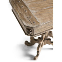 Rustic oak pedestal side table, corner detail, wood texture.