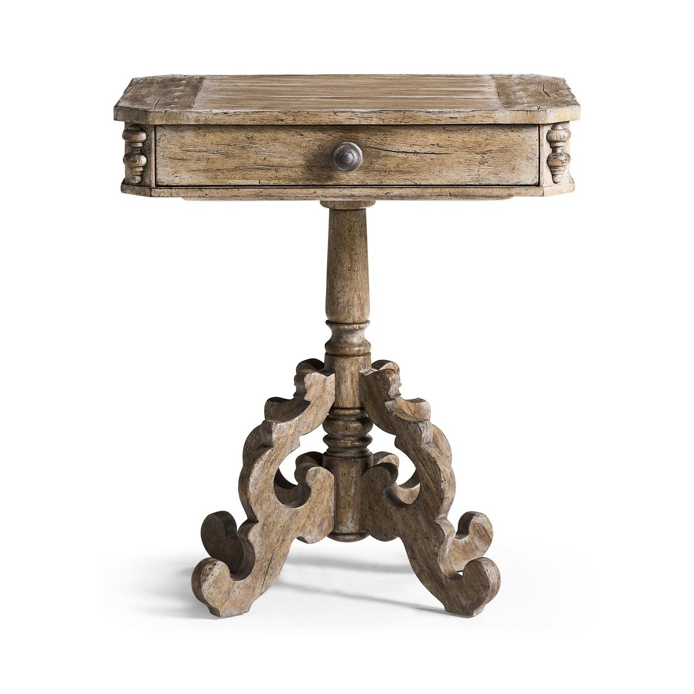 Rustic oak pedestal side table, front view, closed drawer.