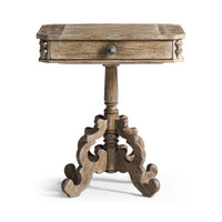 Rustic oak pedestal side table, front view, closed drawer.