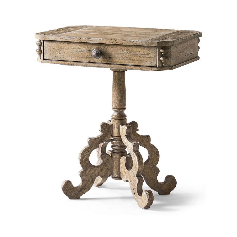 Rustic oak pedestal side table, angled view with drawer.