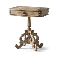 Rustic oak pedestal side table, angled view with drawer.
