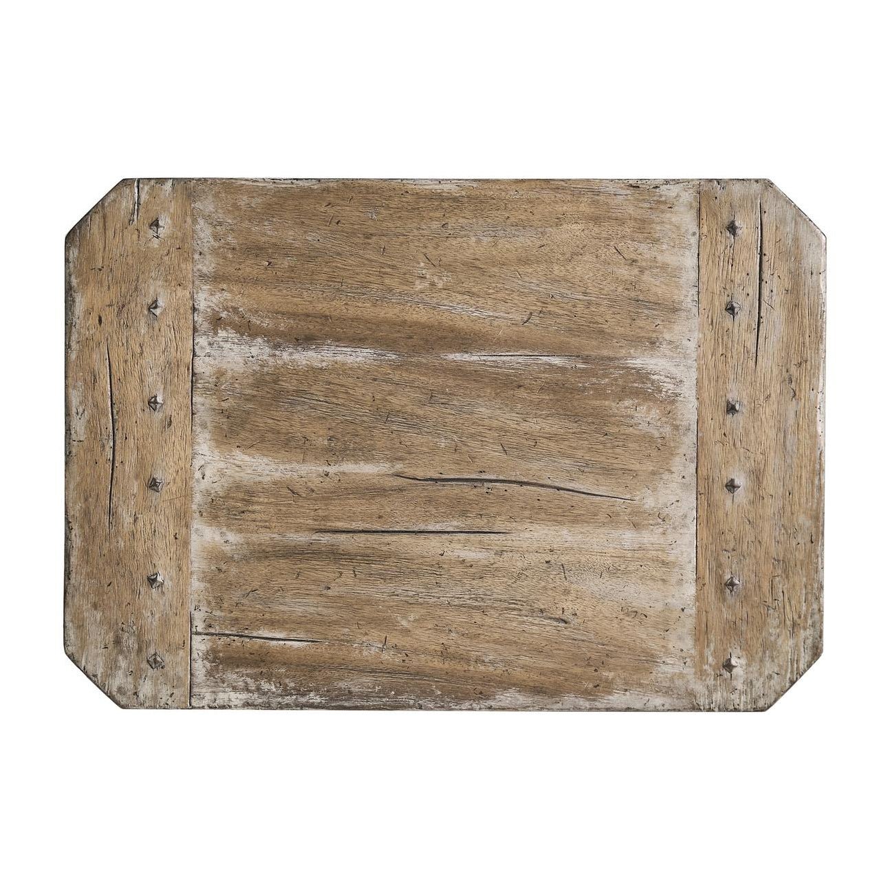 Rustic oak pedestal side table, top view, wood grain.