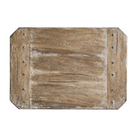 Rustic oak pedestal side table, top view, wood grain.