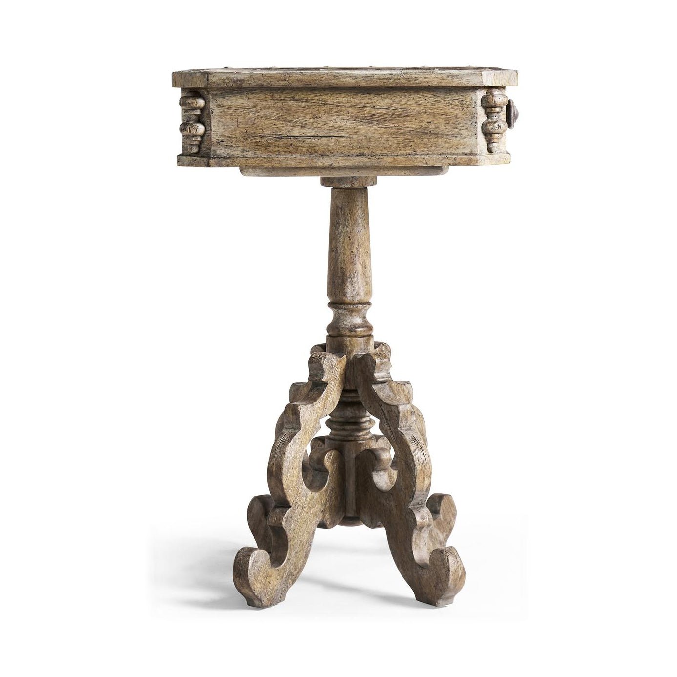 Rustic oak pedestal side table, profile view, intricate base.