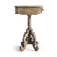 Rustic oak pedestal side table, profile view, intricate base.