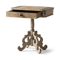 Rustic oak pedestal side table, open drawer, front view.