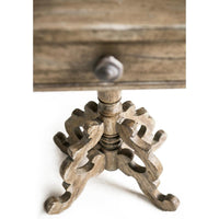 Rustic oak pedestal side table, base detail, ornate carvings.