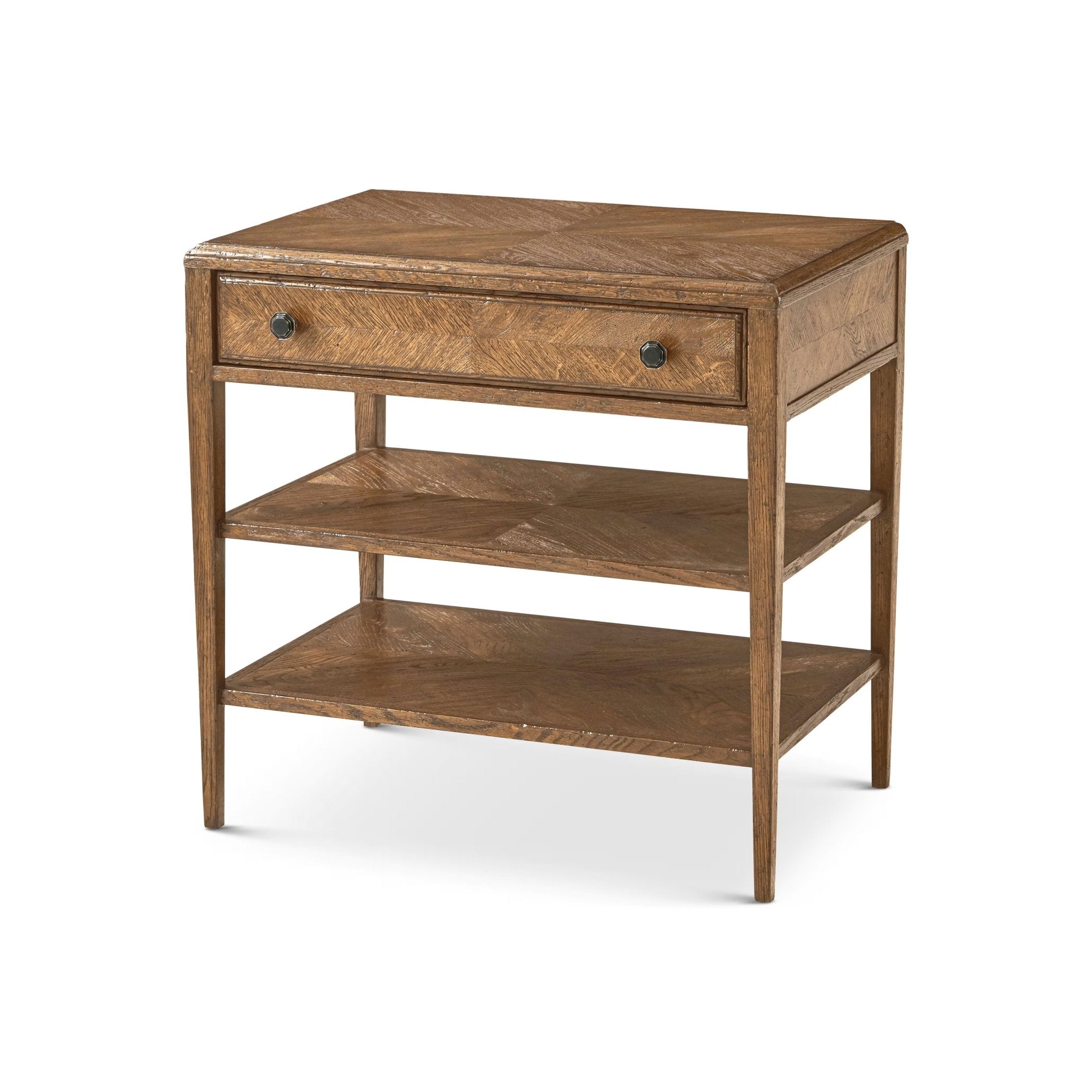 Rustic oak nightstand with drawer and shelves.