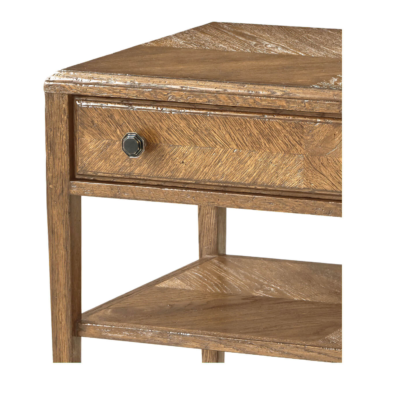Close-up of nightstand drawer with knob.