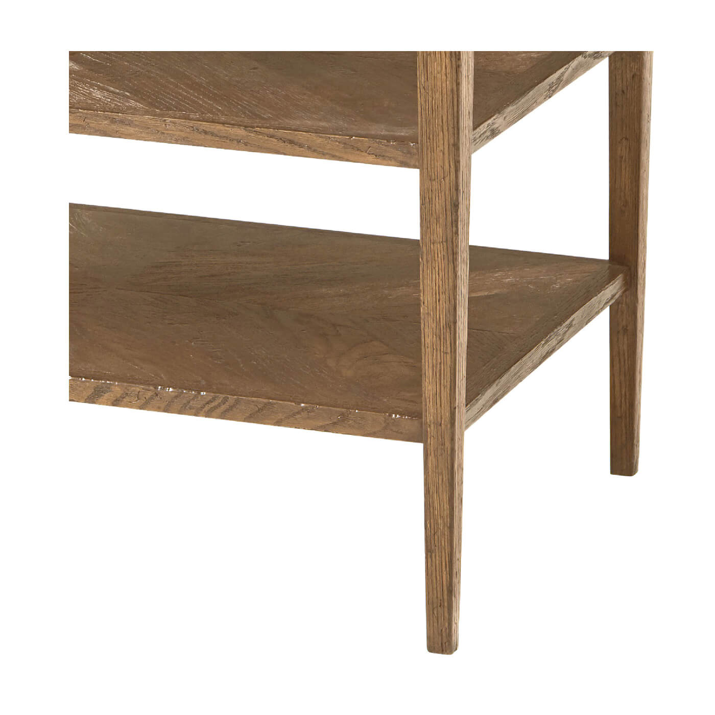 Close-up of rustic oak nightstand shelves and leg.