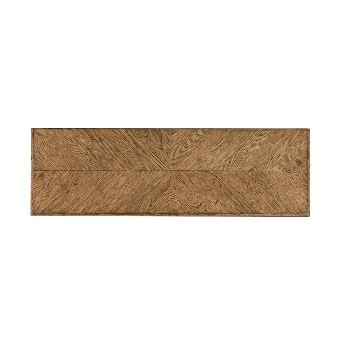 Top view of dresser surface, oak parquetry pattern displayed.
