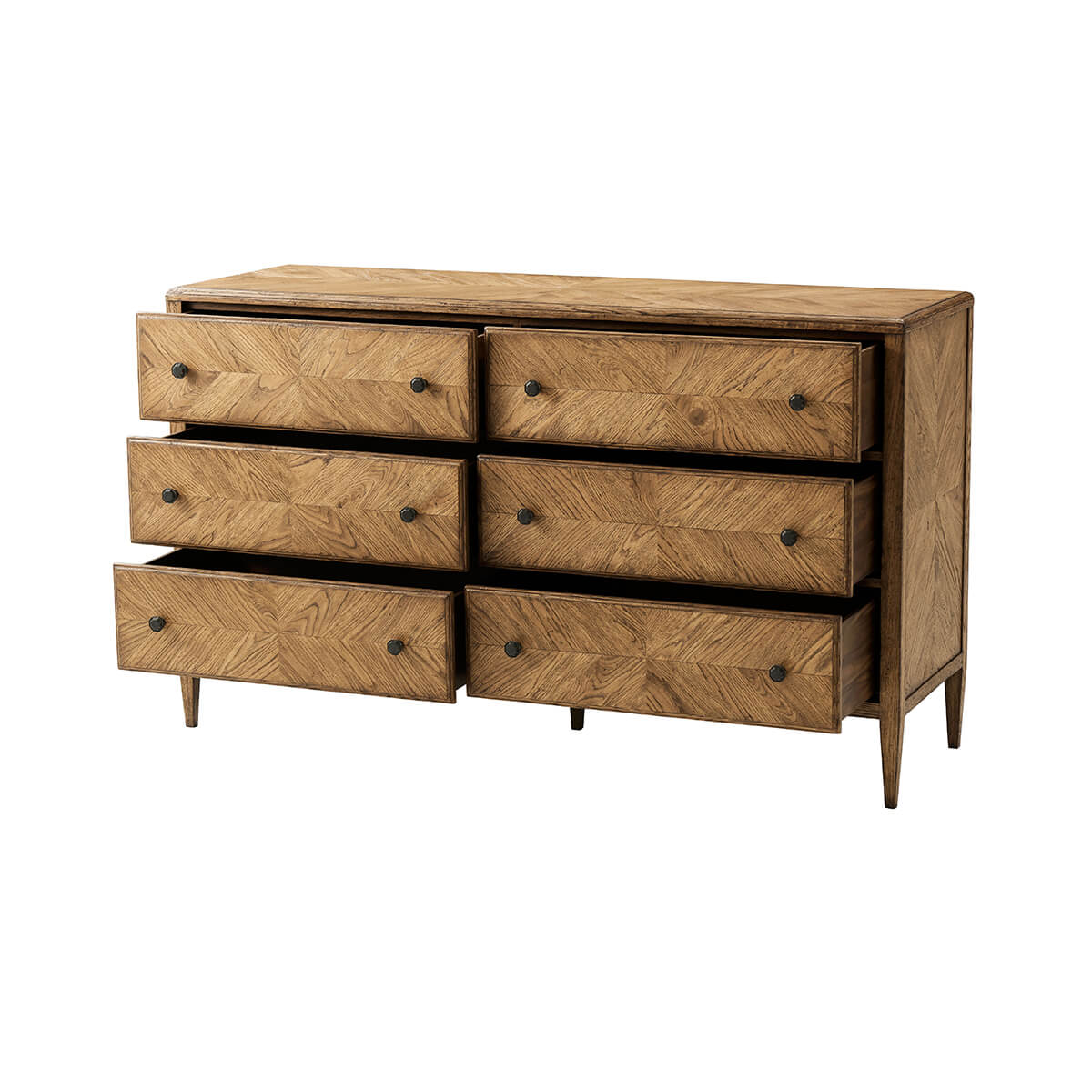 Oak dresser with partially open drawers, parquetry design shown.