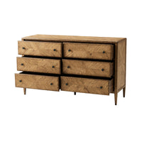 Oak dresser with partially open drawers, parquetry design shown.