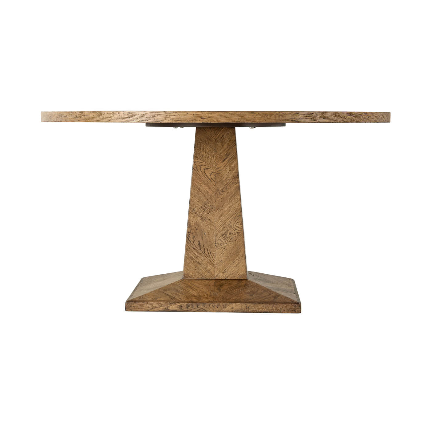 Side profile of rustic oak dining table.