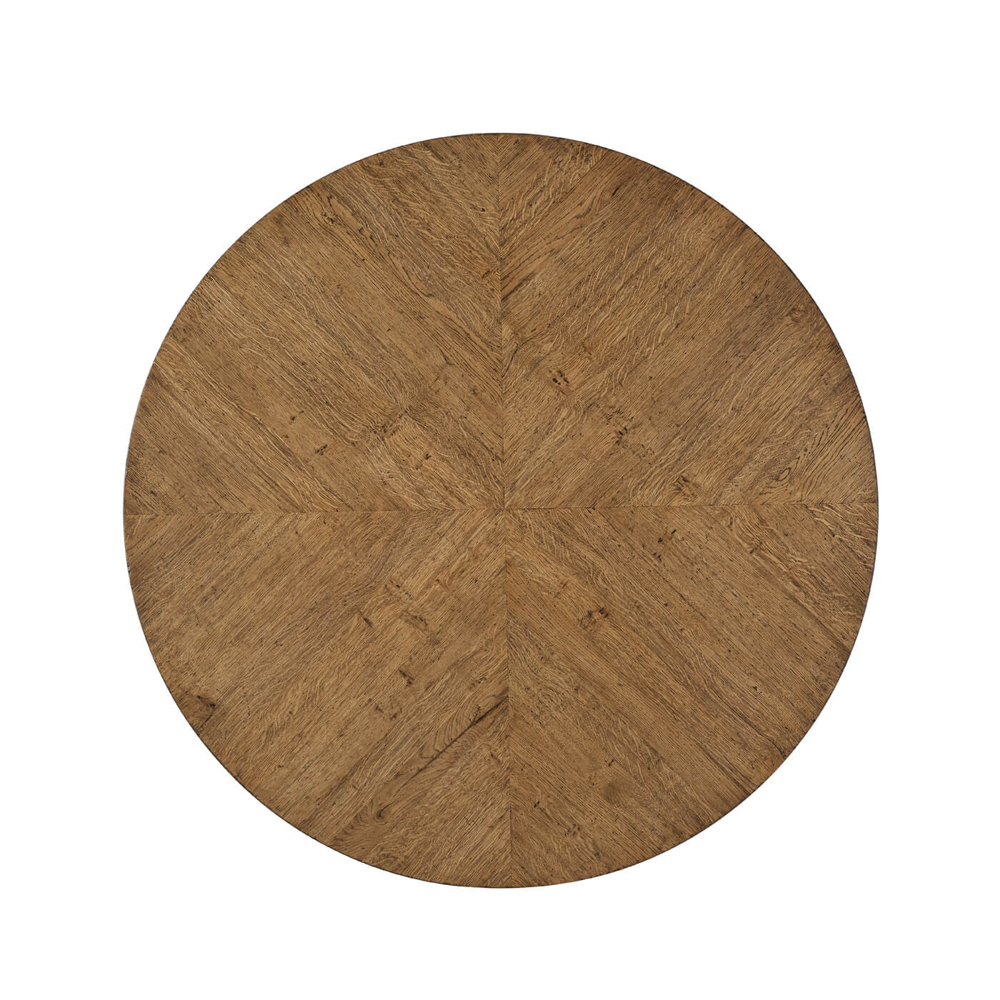 Top view of oak round dining table.
