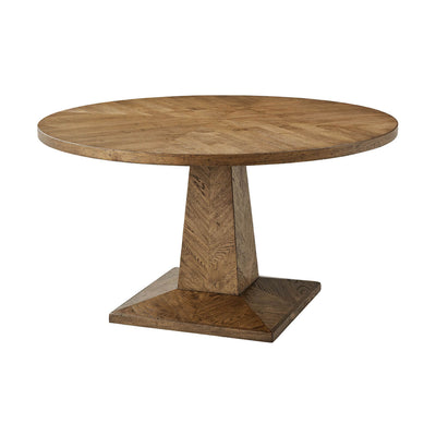 Rustic oak round dining table, angled view.