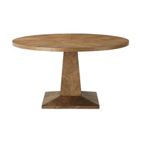 Rustic oak round dining table, front view.
