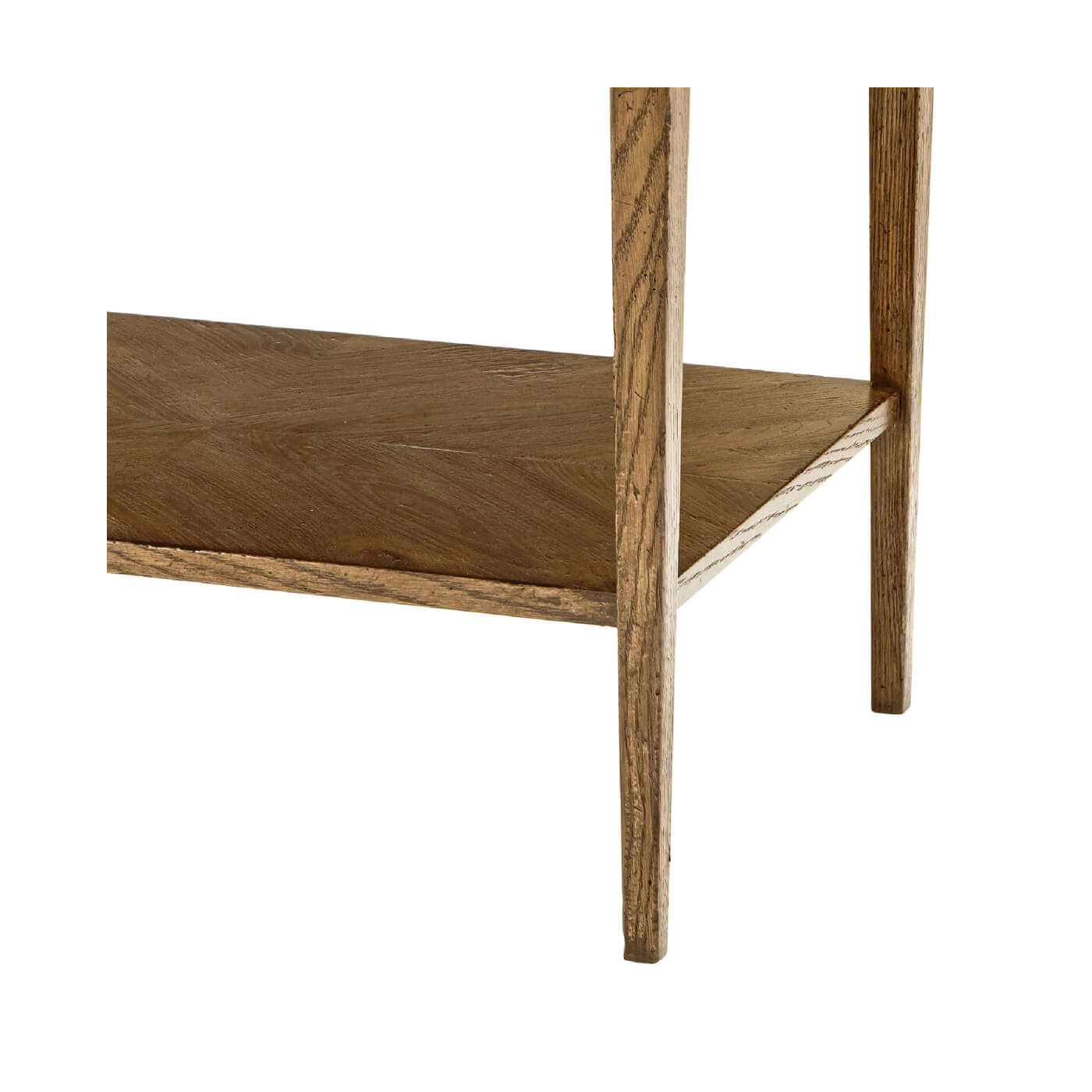 Close-up of rustic oak side table lower shelf.