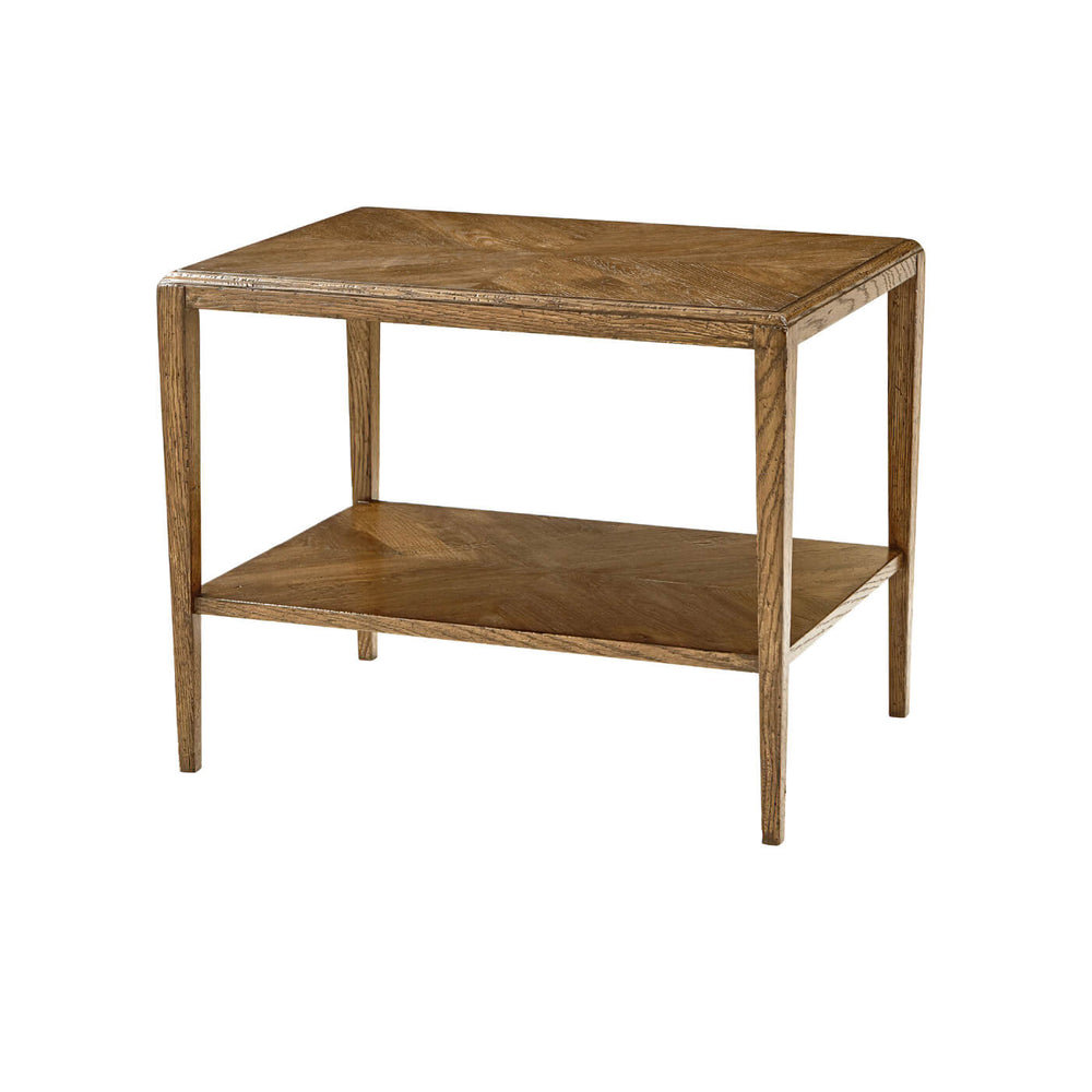 Rustic oak parquetry side table front view.
