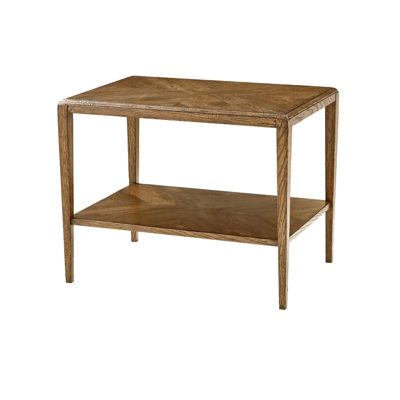 Rustic oak parquetry side table front view.