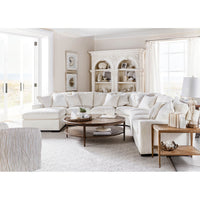 Rustic side table in bright living room setting.