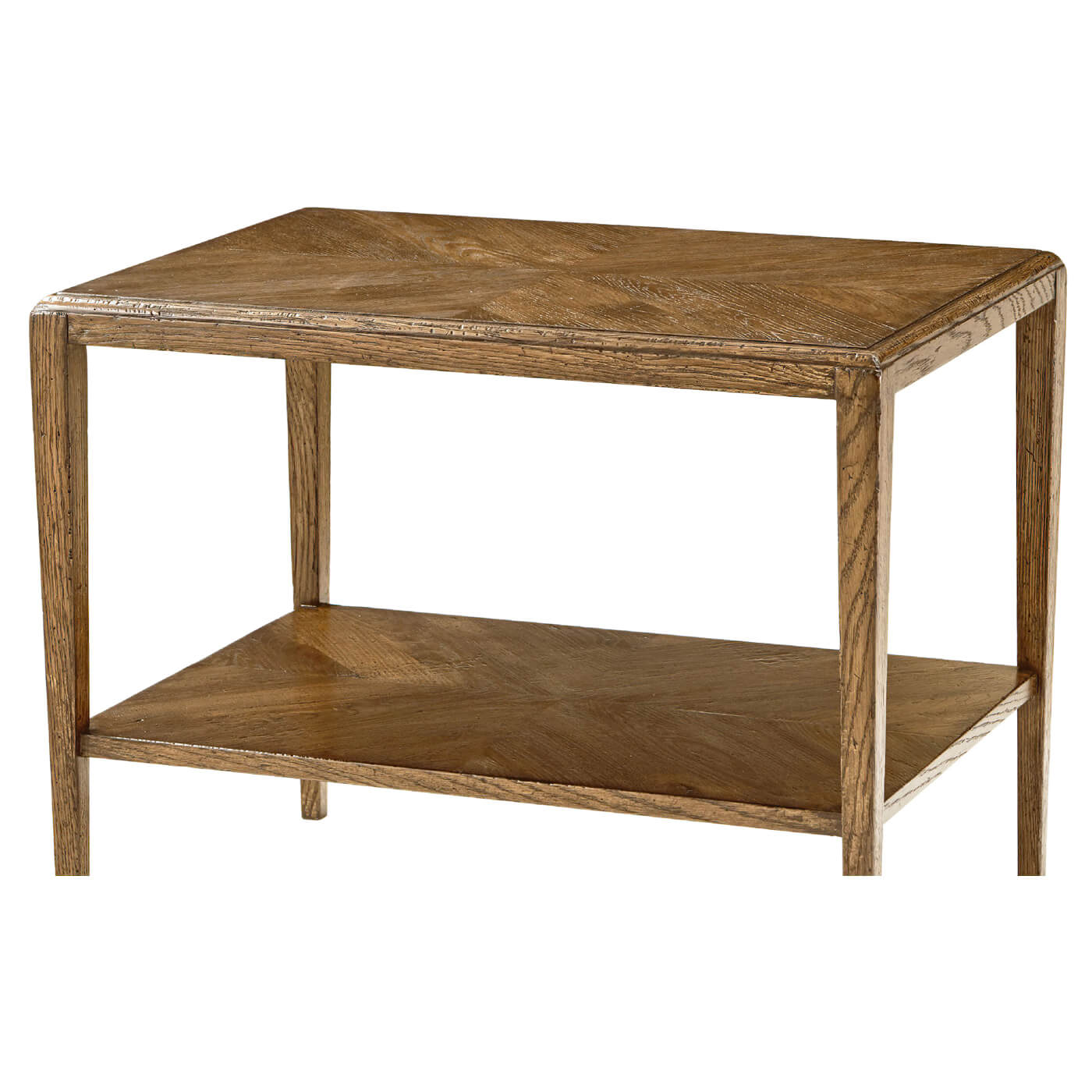 Angled view of rustic oak parquetry side table.