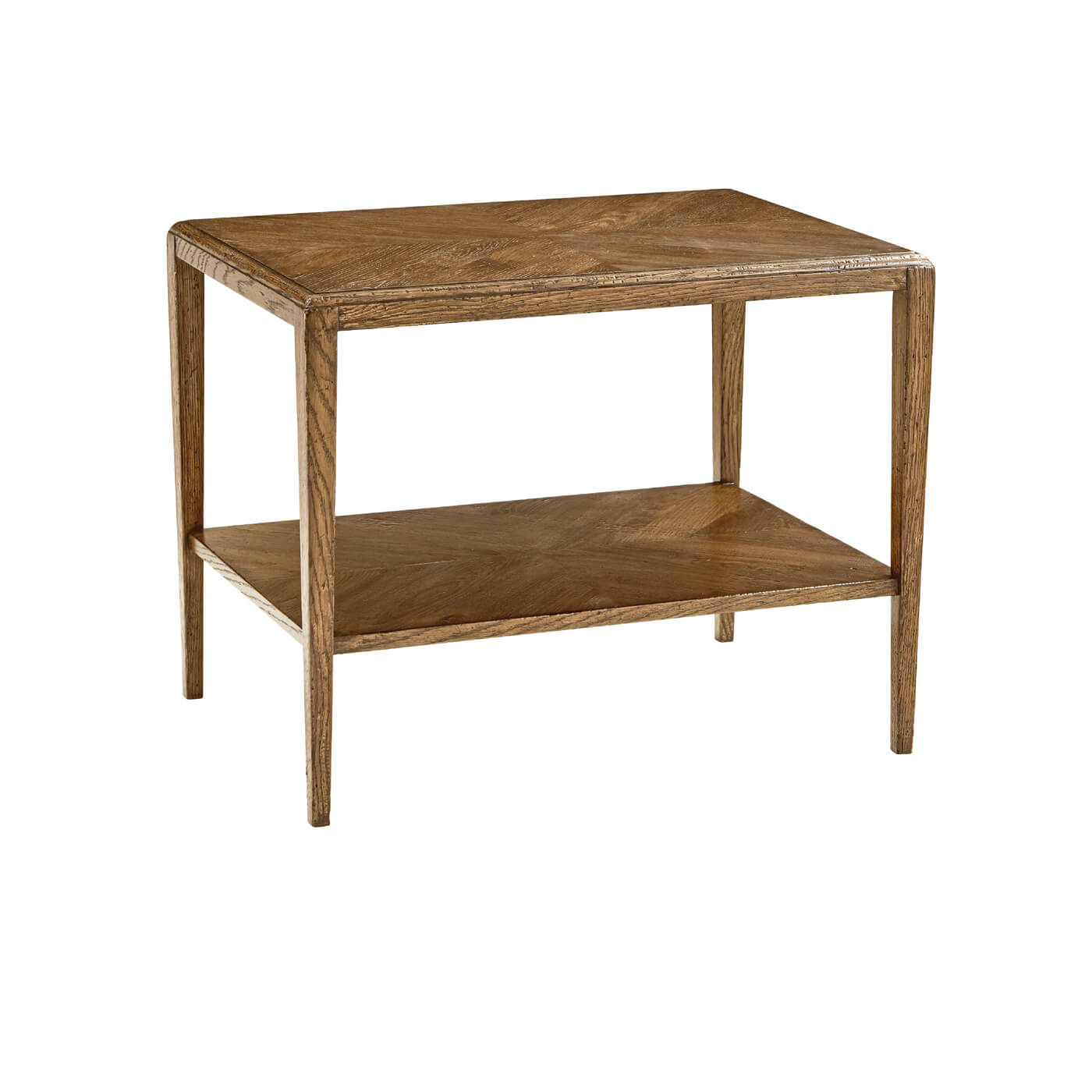 Rustic oak side table front angle view.