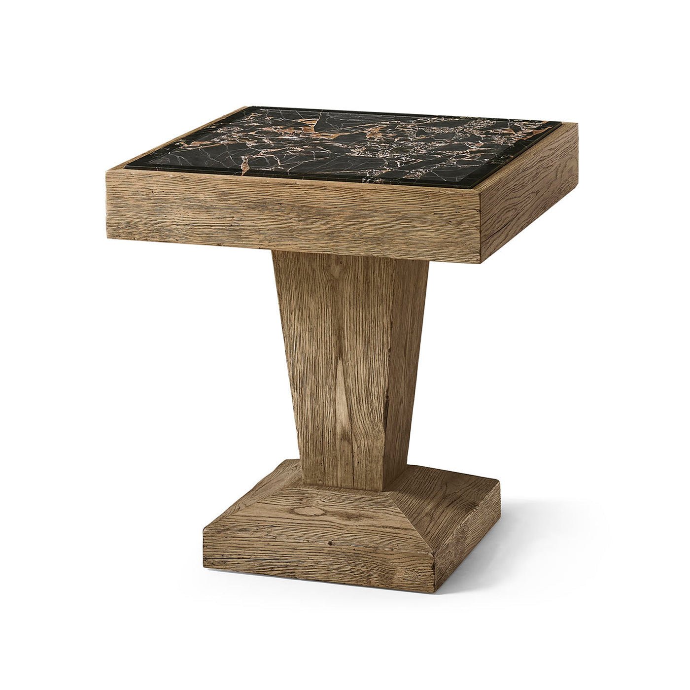 Rustic oak side table angled view with stone top.