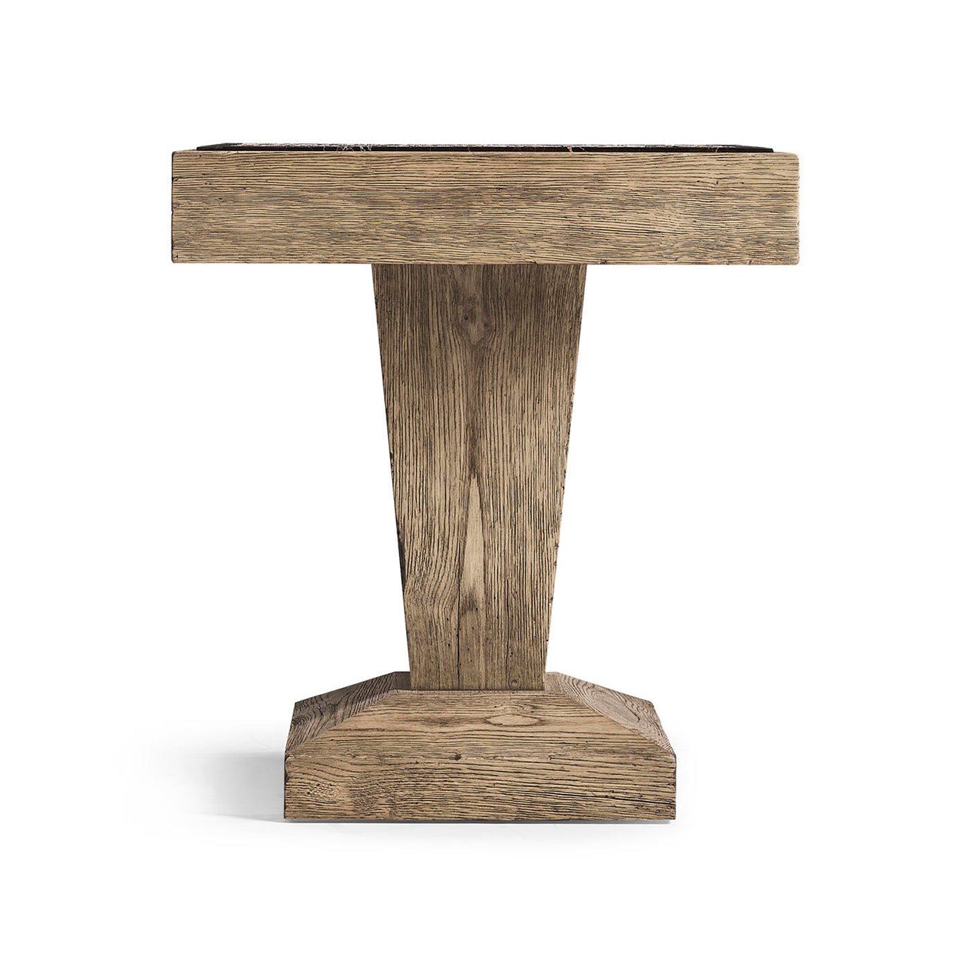 Rustic oak side table side profile with pedestal base.