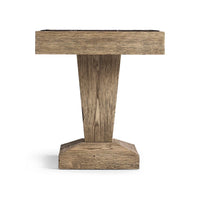 Rustic oak side table side profile with pedestal base.
