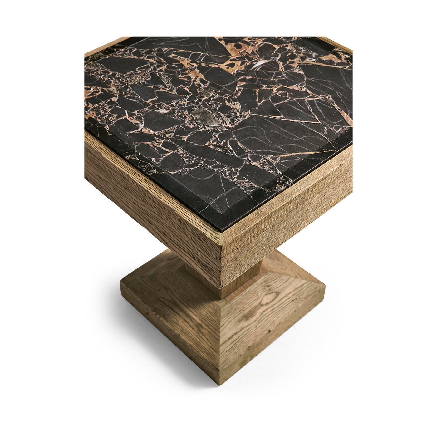 Top view of rustic oak side table with stone surface.