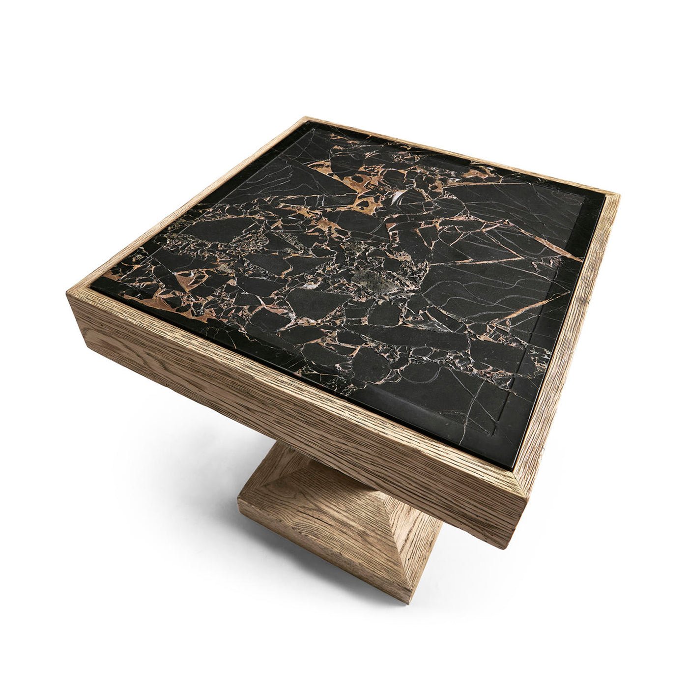 Rustic oak side table angled top view, stone details.