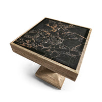 Rustic oak side table angled top view, stone details.