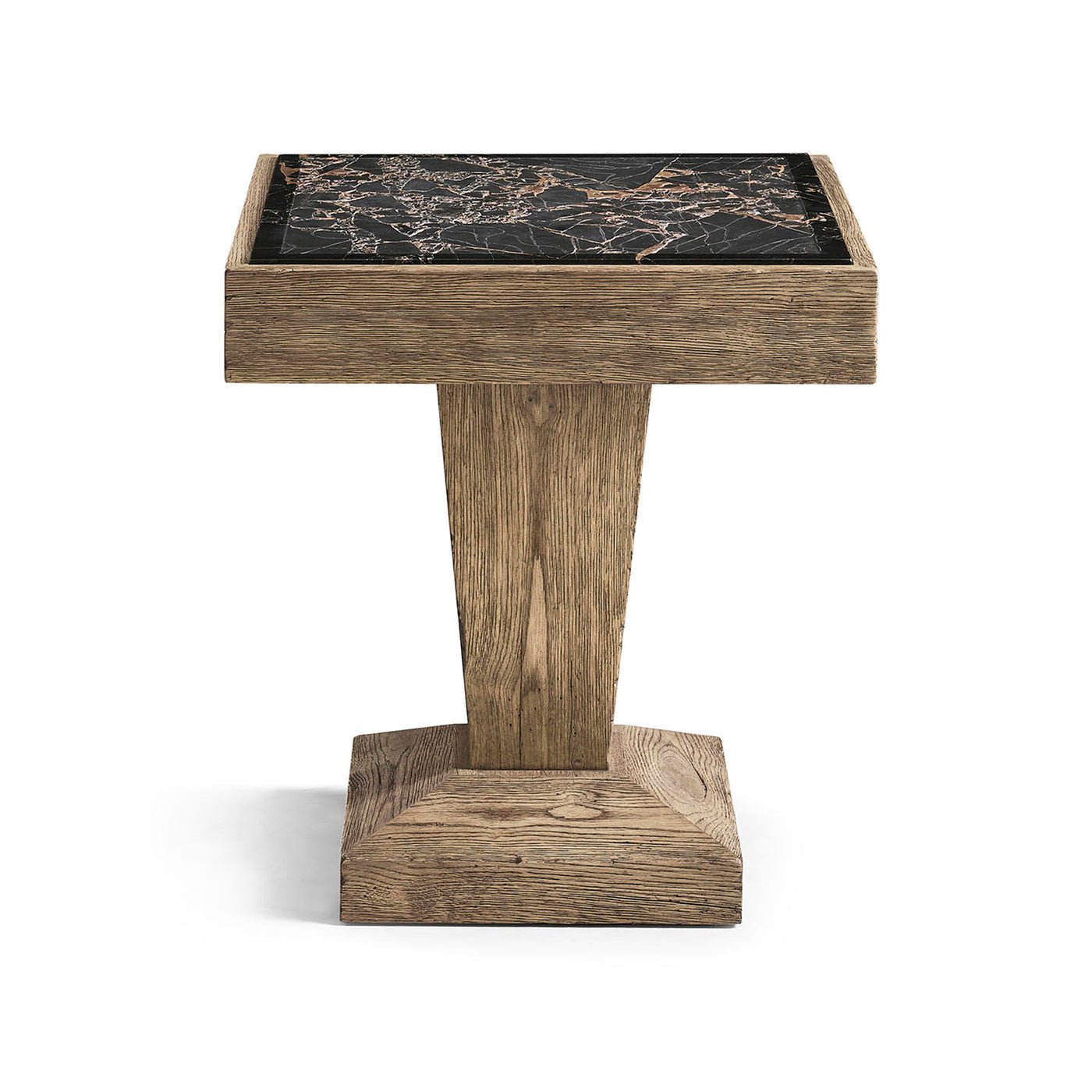 Rustic oak pedestal side table front view, stone top.