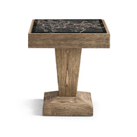 Rustic oak pedestal side table front view, stone top.