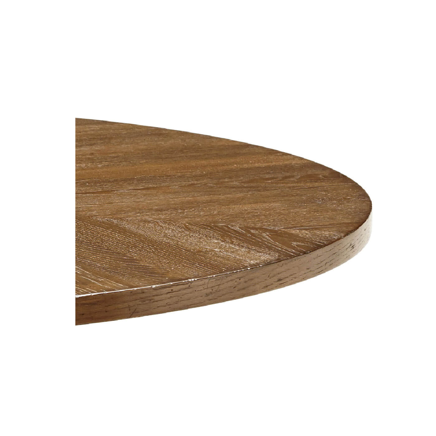Edge detail of rustic oak round table top.