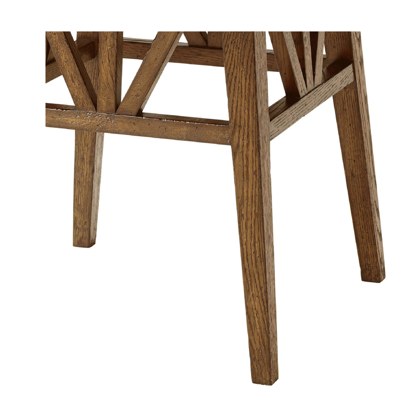 Close-up of rustic oak table leg design detail.