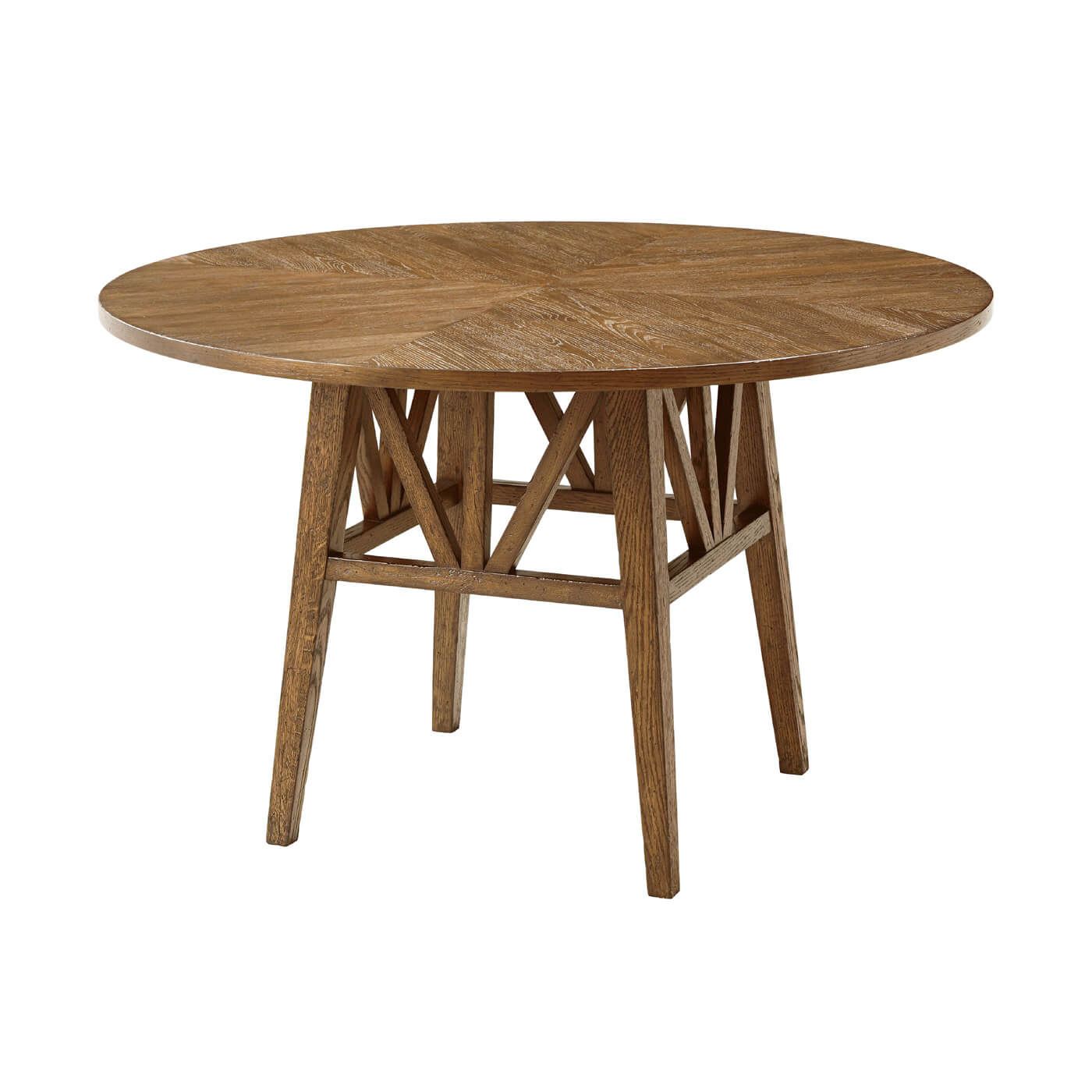Rustic oak dining table angled view.