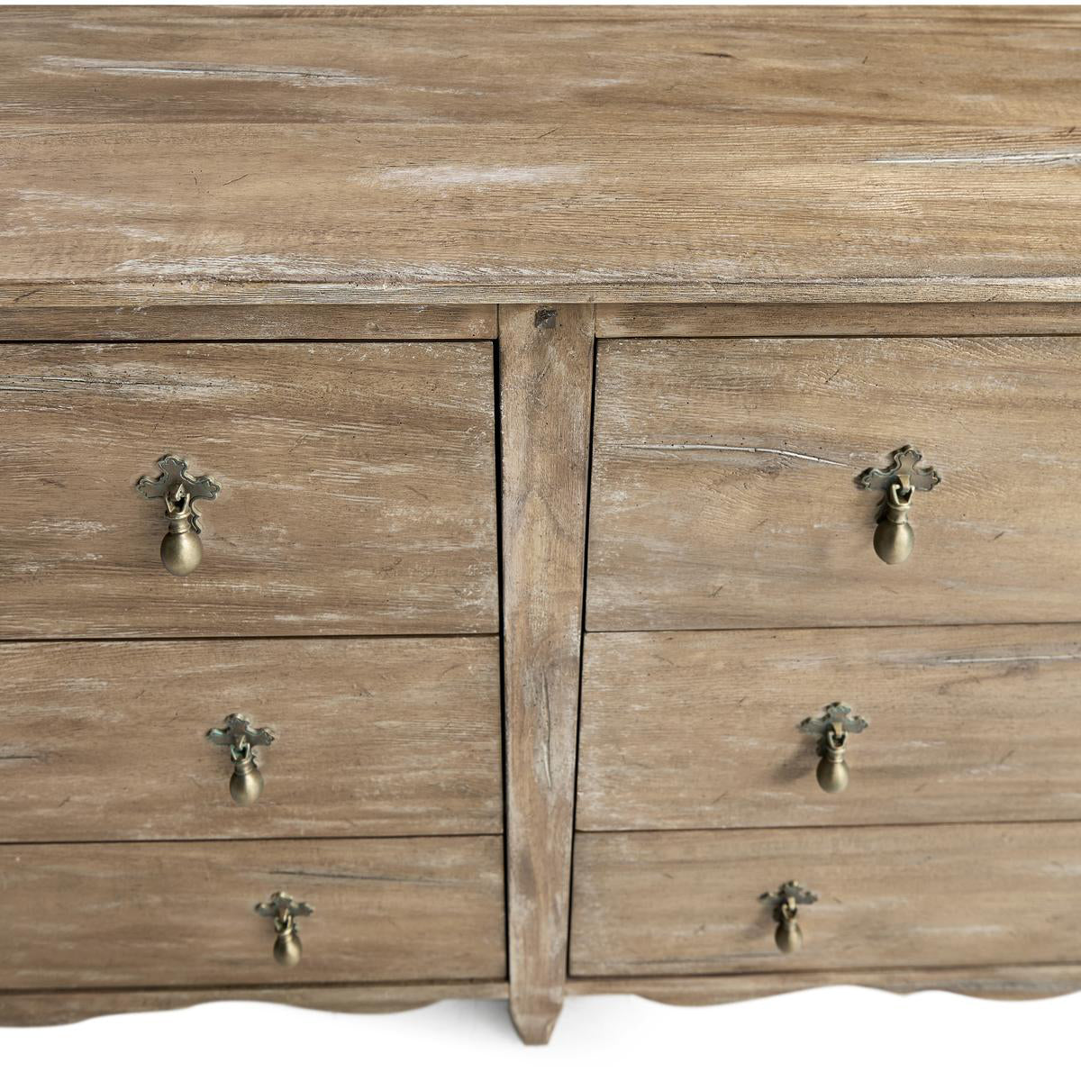 Rustic oak dresser, close-up front view.