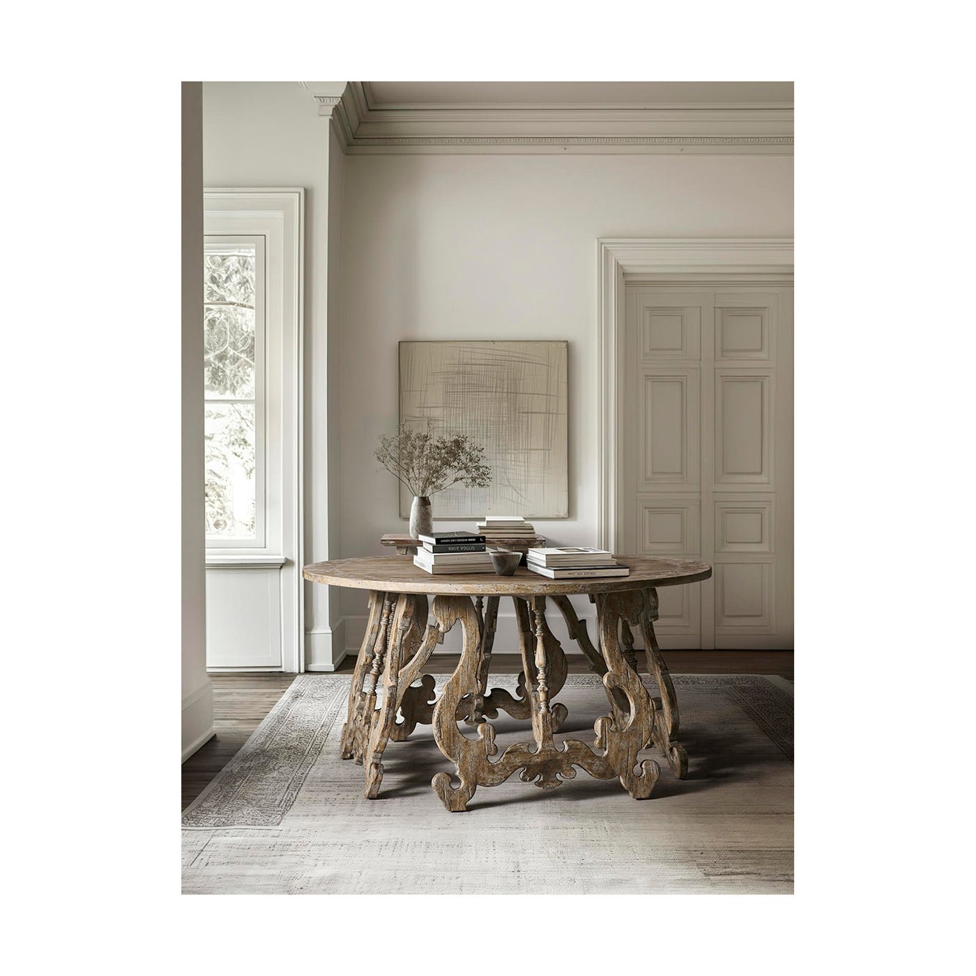 Spanish-style center table in elegant room environment.
